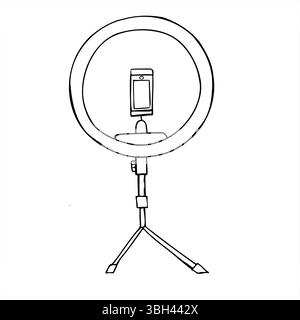 Ring shaped desk lamp minimalist vector illustration painted by black inks. Home equipment for filming vlog, report and videos line art black ink Stock Vector