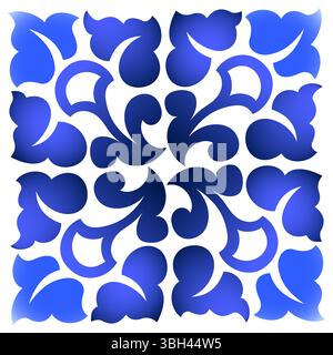 Traditional rustic style design element. Monochrome blue floral ornament. Blue curved flowers and leaves on white background. Vintage square mosaic ti Stock Vector