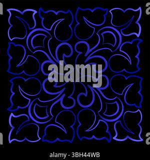 Magical illusion ornament. Blue gradient mandala on black background. Lace of delicate swirl. Monochrome dark blue design Traditional vintage design e Stock Vector