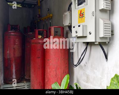 Ubud, Bali, Indonesia – May 12, 2025: Several large red gas cylinders and a control panel areaand pressure gauges for fuel supply Stock Photo