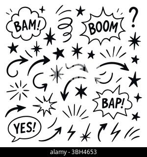 Hand drawn set of comics bombs and explosions. Speech bubbles with words pow, wow, bang and boom. Vector doodle illustration. Stock Vector