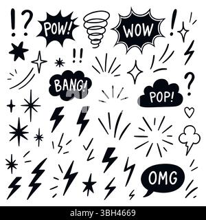 Hand drawn set of comics bombs and explosions. Speech bubbles with words pow, wow, bang and boom. Vector doodle illustration. Stock Vector