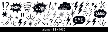 Hand drawn set of comics bombs and explosions. Speech bubbles with words pow, wow, bang and boom. Vector doodle illustration. Stock Vector