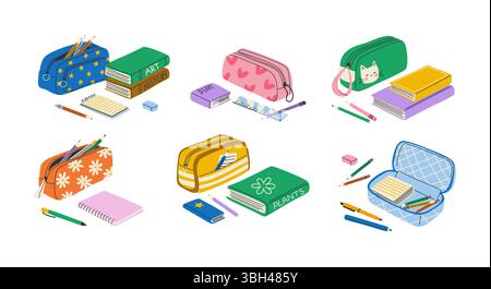 Set of pencil cases. Isolated illustrations. Stock Vector