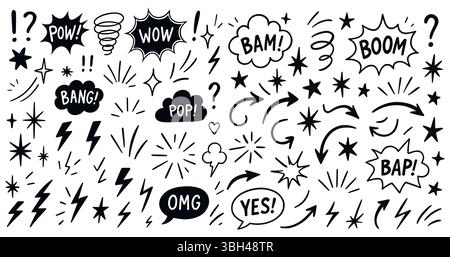 Hand drawn set of comics bombs and explosions. Speech bubbles with words pow, wow, bang and boom. Vector doodle illustration. Stock Vector