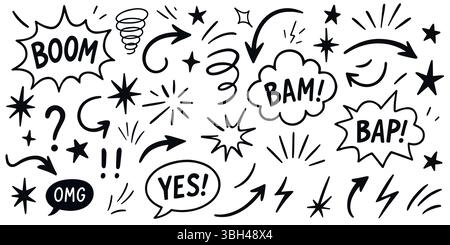 Hand drawn set of comics bombs and explosions. Speech bubbles with words pow, wow, bang and boom. Vector doodle illustration. Stock Vector