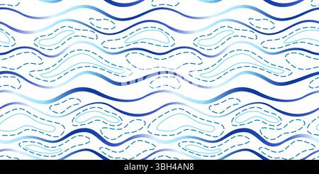 Natural wavy seamless pattern. Blue gradient waves on white background. Sea water blue landscape vector illustration. Abstract background of different Stock Vector