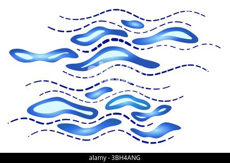 Blue gradient waves on white background. Water blue landscape vector illustration. Abstract background of different curved lines and shapes. Natural n Stock Vector