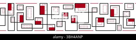 Seamless border of intersecting rectangles and straight lines. Complex geometric vector ornament. Black red squares on white background. Path of life Stock Vector