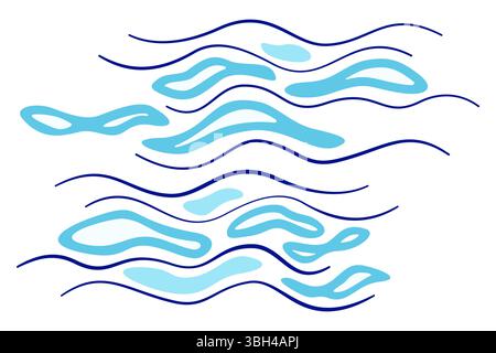Minimalist water blue nature flat vector illustration. Blue waves on white background. Abstract background of different curved lines and shapes. Natur Stock Vector