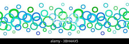 Bright, cheerful, seamless border for holiday decor. Multicolored rings in rich summer tones. Abstract composition of circles. Many random blue green Stock Vector