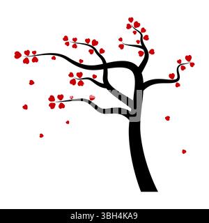 Heart Tree Silhouette. This is a vector illustration of a stylized tree with a black trunk and branches, adorned with red, heart shaped leaves. Stock Vector