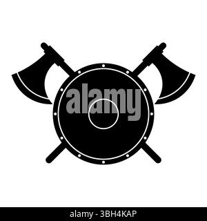 Round Shield with Crossed Battle Axes. A a round shield with a simple circular pattern at its center, crossed by two symmetrical battle axes. Stock Vector