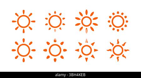 Sun icon set with minimal and playful styles. Perfect for weather apps, summer branding, children's designs, and solar energy projects. Vector Stock Vector