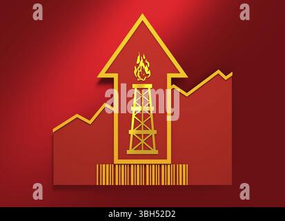 Gas rig icon and rise up arrow. Growth diagram and bar code. 3D ...
