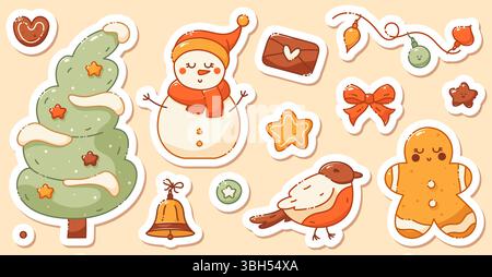 A set of stickers on a Christmas theme. Includes a cute snowman, xmas tree, bird, star, cookie, bell, envelope with a heart. Stock Vector