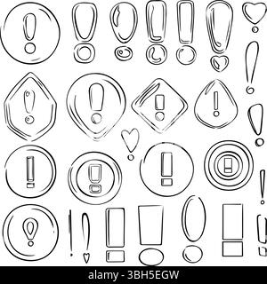 Vector set icons of abstract exclamation mark. Hand drawn rounded and curved grunge pointers. Isolated ink, fine drawn lines, elements for design. Stock Vector