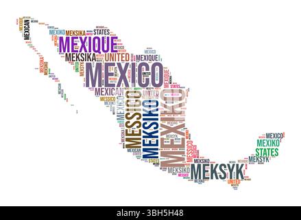 Mexico country shape word cloud. Typography style country illustration. Mexico image in text cloud style. Vector illustration. Stock Vector