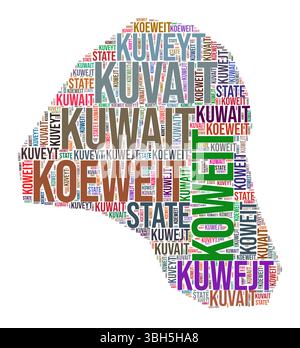 Kuwait country shape word cloud. Typography style country illustration. Kuwait image in text cloud style. Vector illustration. Stock Vector