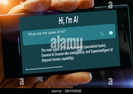 Question for AI on tablet screen. What are the types of. AI? Stock Photo