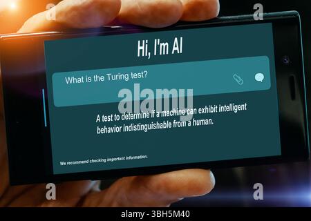 Question for AI on tablet screen. What is the Turing test? Stock Photo