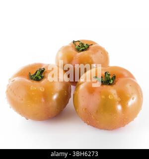 Three tomatoes covered with drops of clear water, after a thorough cleaning Stock Photo