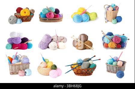 Knitting yarns and needles isolated on white, set Stock Photo
