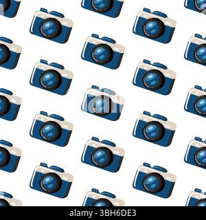 Seamless summer pattern with cartoon photo camera. Cartoon vector repeating illustration on white background Stock Vector