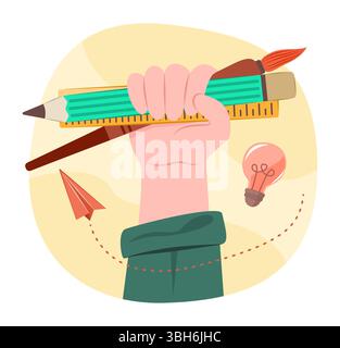 Human Hand Holding Colored Pencil, Ruler and Brush for Art and Creativity Education Concept Illustration Clip Art Stock Vector