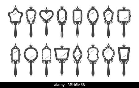 Princess mirror. Set of Baby hand mirror with different black borders. Antique party elements with crowns. Vector illustration in flat cartoon style Stock Vector