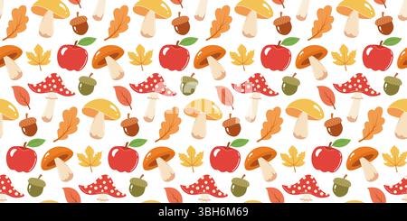 Cute cozy autumn seamless pattern featuring apples, mushrooms and fall leaves. Perfect for seasonal designs, or home decor Stock Vector