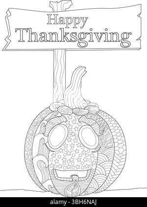 A black and white line drawing of a decorative pumpkin with intricate zentangle and mandala inspired patterns, holding a wooden sign that says Happy T Stock Vector