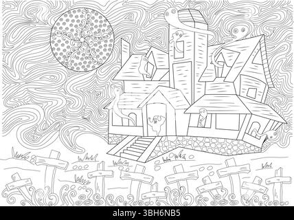 Detailed black and white line art illustration featuring a mysterious haunted house on a hill, surrounded by gravestones and flying ghosts under a dec Stock Vector