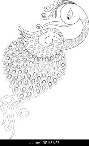 An intricate black and white outline illustration of a stylized bird, resembling a peacock or mythical creature, adorned with patterns inspired by tra Stock Vector