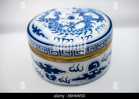 blue and white porcelain jar with lid Stock Photo