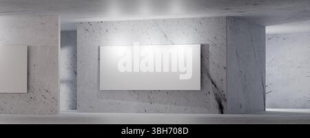 3D render of industrial style concrete room with a blank white banner, minimalist interior design, soft ambient lighting, geometric structure. Perfect Stock Photo