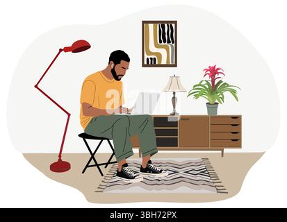 African American man sitting on stool with laptop Stock Vector
