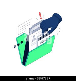 Data Leak.  The Hand Steals Personal Data from a Folder. Sensitive data breach with stolen ID and credit card information. Isometric vector illustrati Stock Vector
