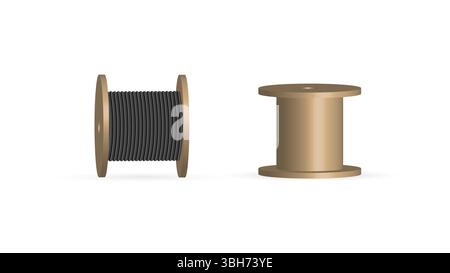 Wooden reel with power electric cable, front view, vector illustration. Stock Vector