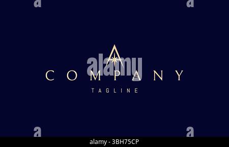 Vector golden logo with an abstract image of a compass with a star in the form of the letter A. Stock Vector