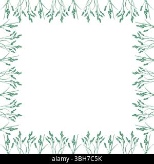 Flourish frame with monochrome elements. Trendy botany graphic template. Grass empty frame box. Hand drawn vector illustration isolated on white backg Stock Vector