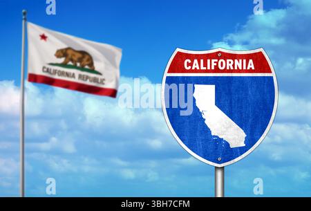 Interstate sign with flag of US State of California Stock Photo