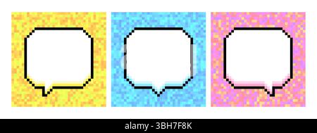 Set of blank pixel art speech bubbles on colorful pixel backgrounds in 8-bit style. Vector illustration Stock Vector