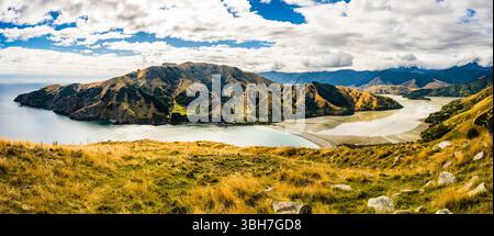 Panorama over Cable Bay in autumn, Nelson, New Zealand Stock Photo
