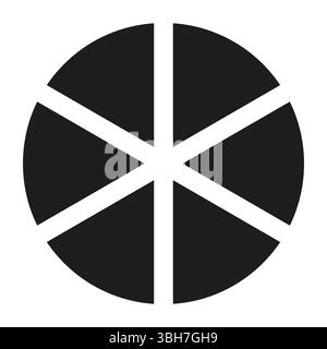 Circle division on a six equal parts simple icon. Wheel divided flat diagram with 6 segments. Infographic black round element. Coaching blank pattern. Stock Vector