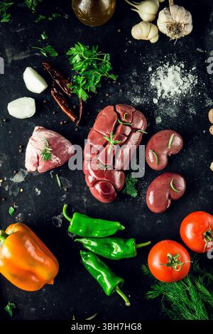 Raw lamb kidneys with vegetables, top view on black background. Stock Photo