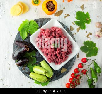Ground veal kofta, fresh veal for cooking and stuffing, top view. Stock Photo