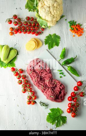 Fresh ground veal kofta for cooking, top view, white background. Stock Photo