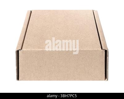 Closed brown cardboard flap square box mockup, resting on a white background, showcasing a versatile packaging solution for various needs. Isolated Stock Photo