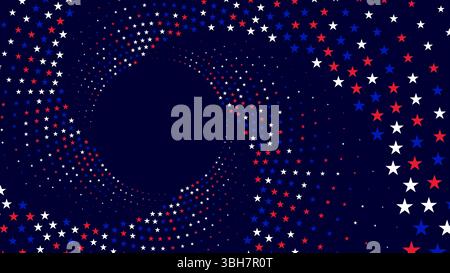 A patriotic starburst design featuring red, white, and blue stars arranged in a swirling circular pattern on a dark background. Stock Vector